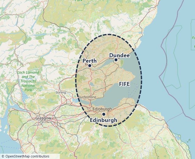 Map showing our coverage area — Edinburgh, Fife, Dundee and Perth